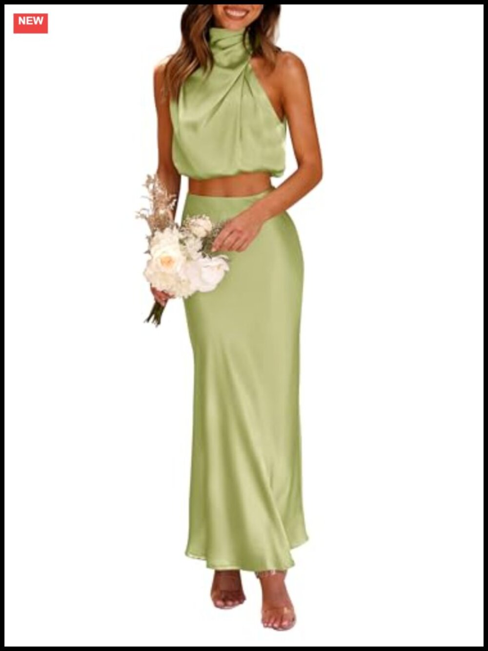 Women's 2 Piece Satin Skirt Set Mock Neck Crop Top High Waist Maxi Skirt